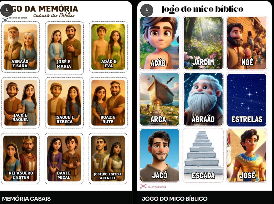 Cartas para imprimir do Jogo da Memória Casais da Bíblia e do Jogo do Mico Bíblico