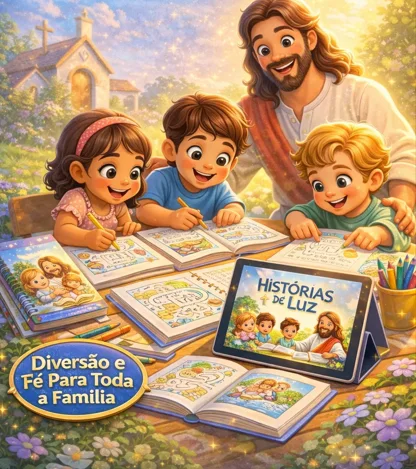 Jesus acompanhando crianças em uma atividade bíblica em família