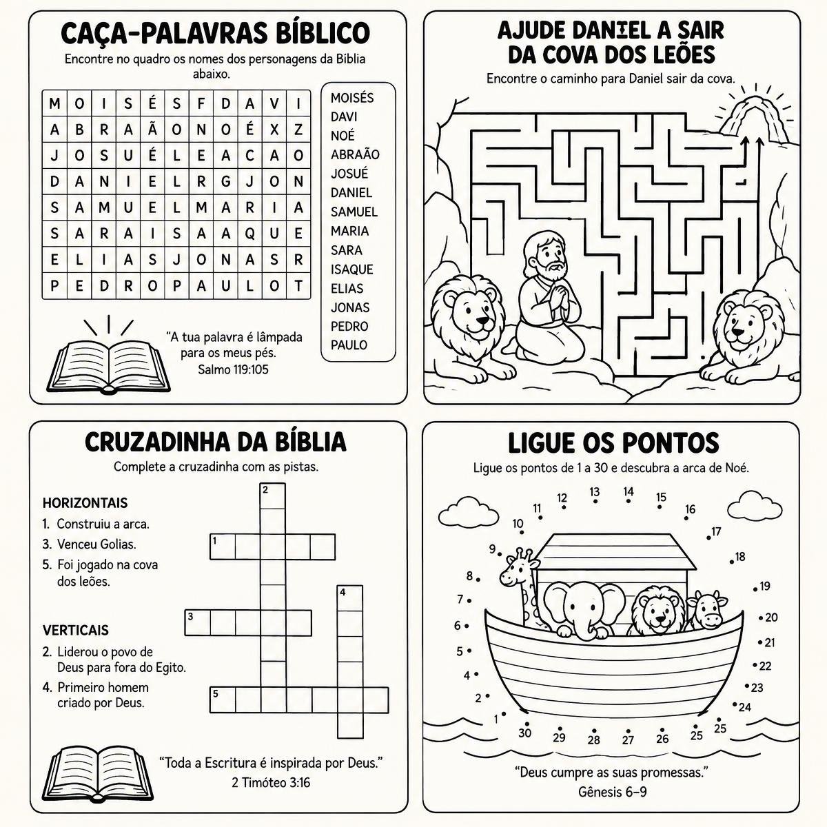 Quatro páginas de amostra do PDF: caça-palavras, labirinto, cruzadinha e ligue os pontos