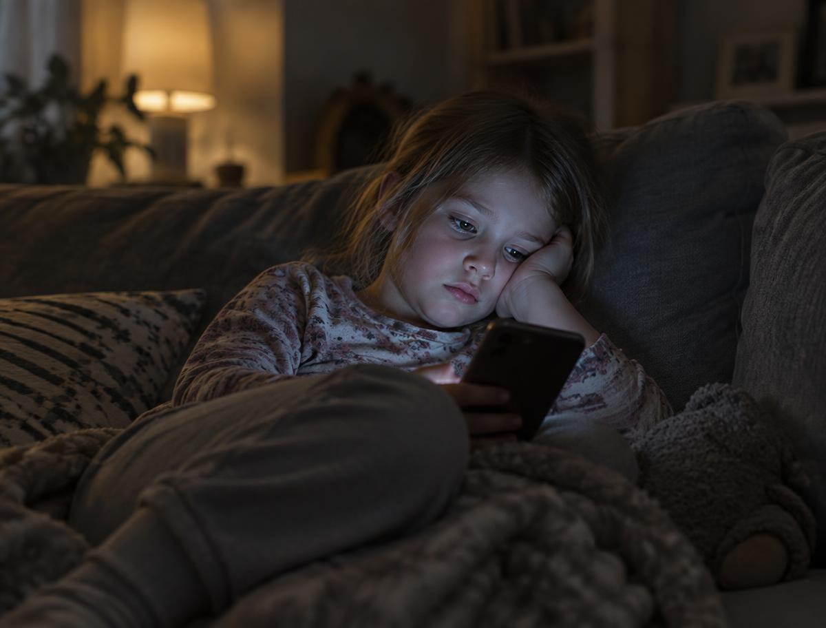 Criança entediada olhando o celular no sofá